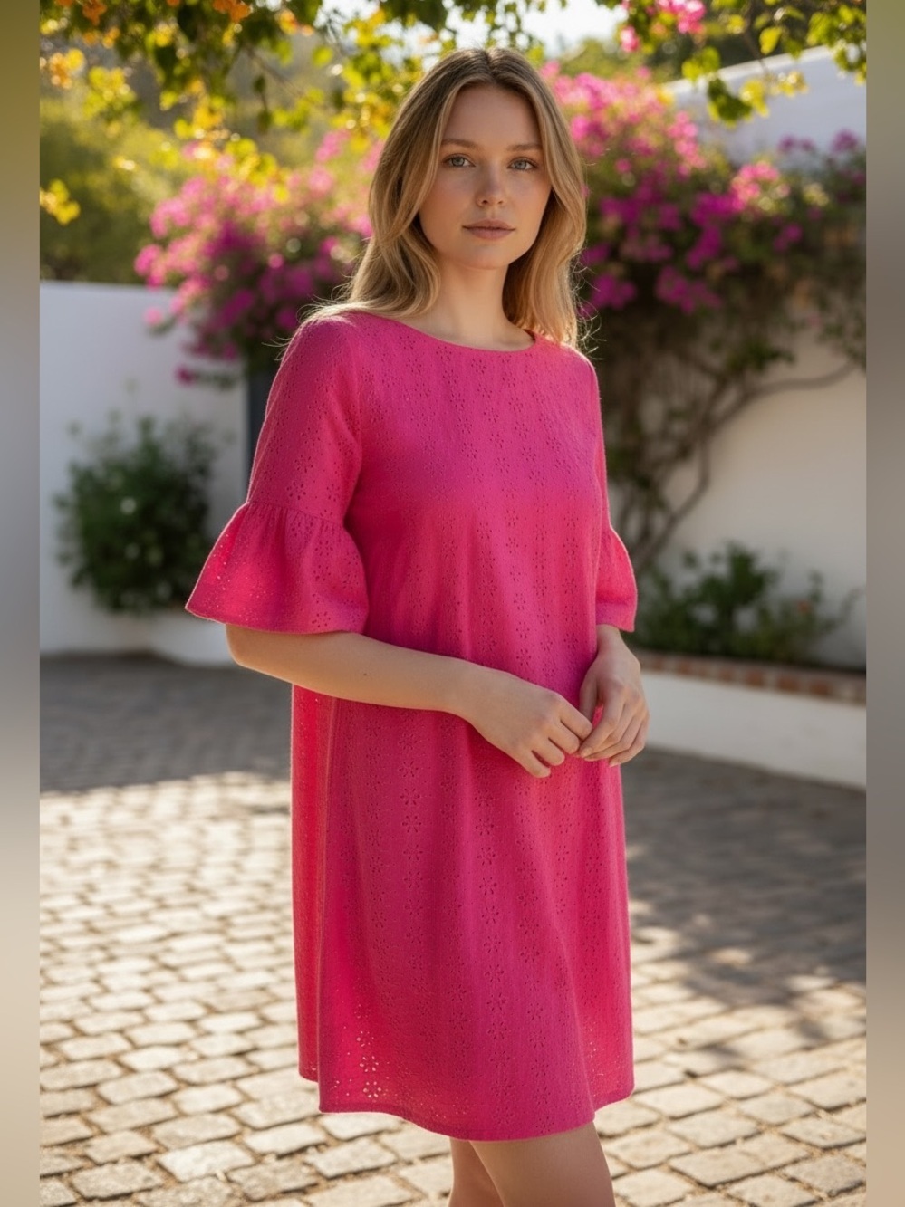 Karl Lagerfeld Paris Hot Pink Eyelet Shift Dress Bell Ruffle Sleeves Size 6